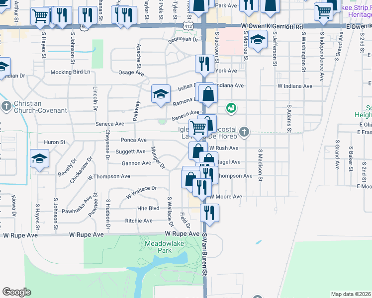 map of restaurants, bars, coffee shops, grocery stores, and more near 300 Kesterfield Boulevard in Enid