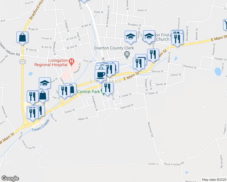map of restaurants, bars, coffee shops, grocery stores, and more near 121 South Church Street in Livingston