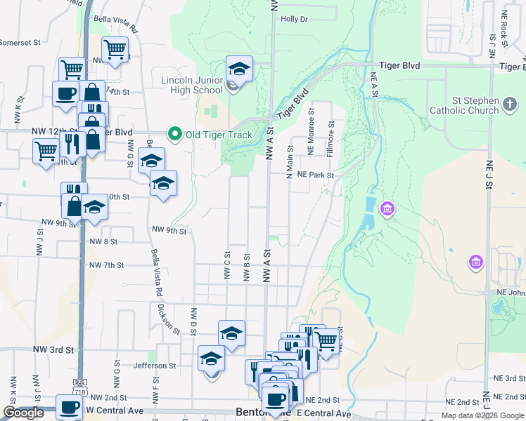 map of restaurants, bars, coffee shops, grocery stores, and more near 817 Northwest A Street in Bentonville