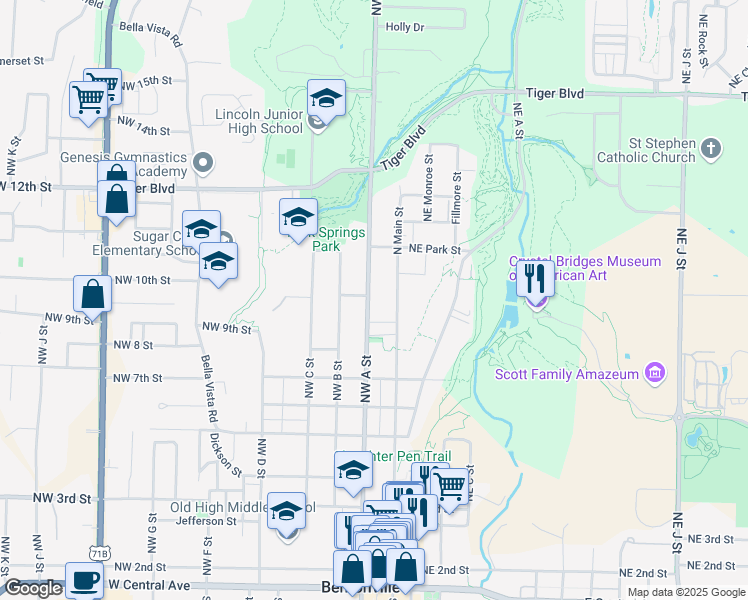 map of restaurants, bars, coffee shops, grocery stores, and more near 812 Northwest A Street in Bentonville