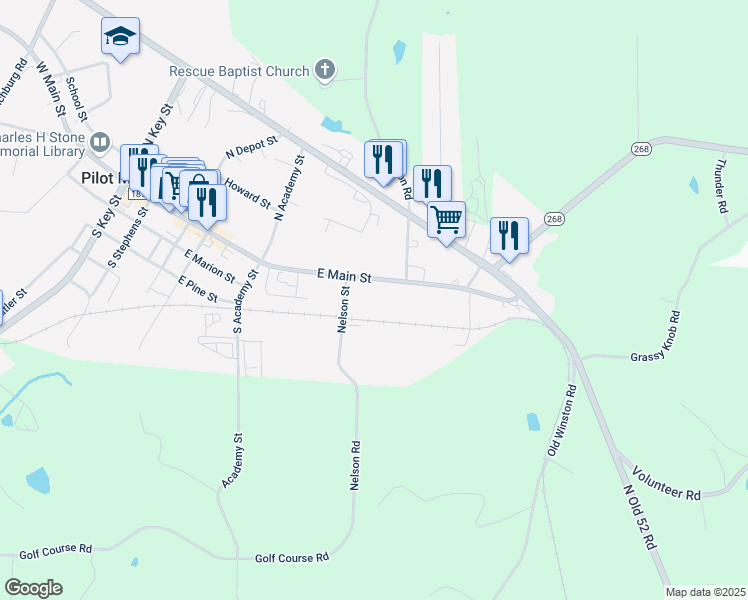 map of restaurants, bars, coffee shops, grocery stores, and more near 522 East Main Street in Pilot Mountain