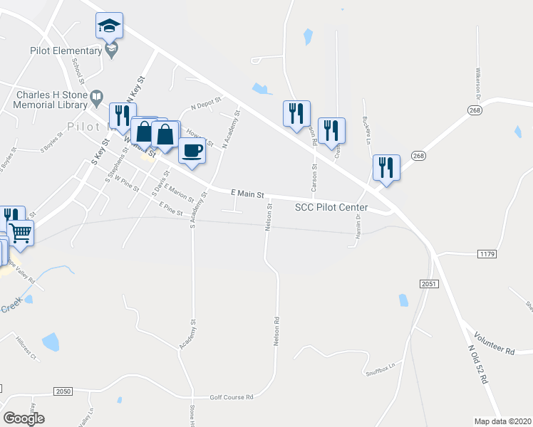 map of restaurants, bars, coffee shops, grocery stores, and more near 203 Nelson Street in Pilot Mountain