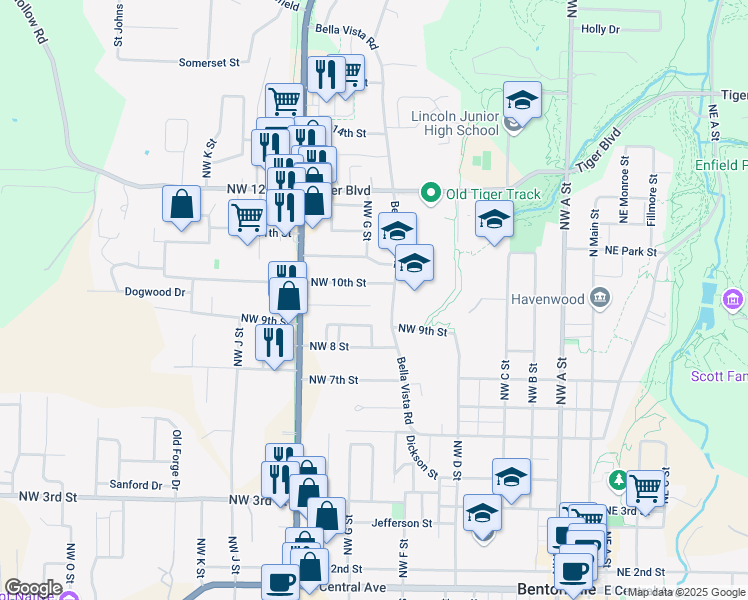 map of restaurants, bars, coffee shops, grocery stores, and more near 802 Carson Drive in Bentonville