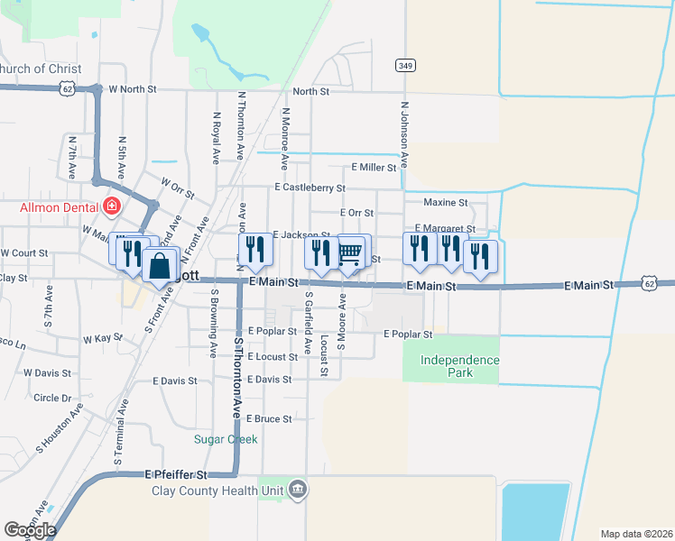 map of restaurants, bars, coffee shops, grocery stores, and more near 152 North Moore Avenue in Piggott