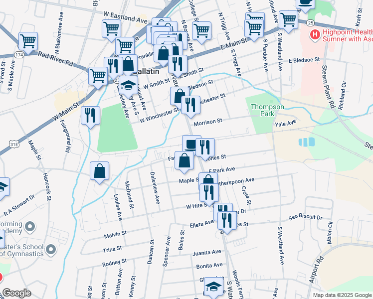 map of restaurants, bars, coffee shops, grocery stores, and more near 104 /116 Factory Street in Gallatin