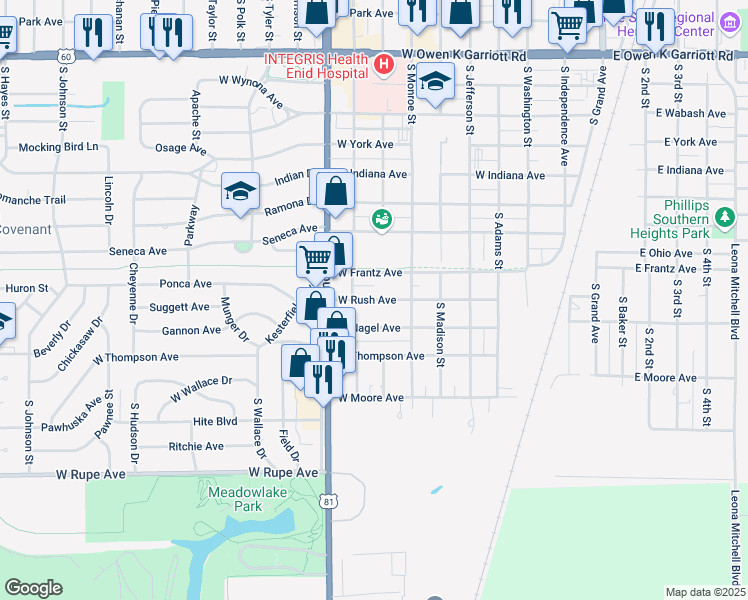 map of restaurants, bars, coffee shops, grocery stores, and more near 818 W Rush Ave in Enid