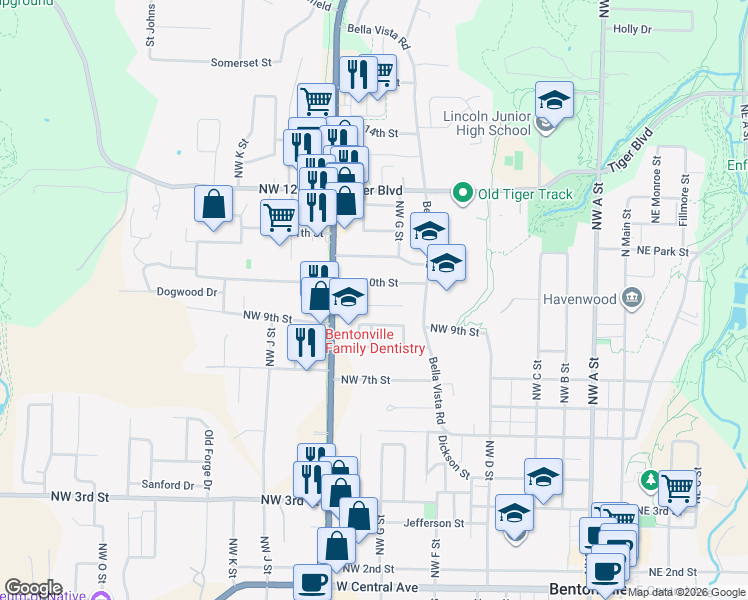 map of restaurants, bars, coffee shops, grocery stores, and more near 810 Carson Drive in Bentonville