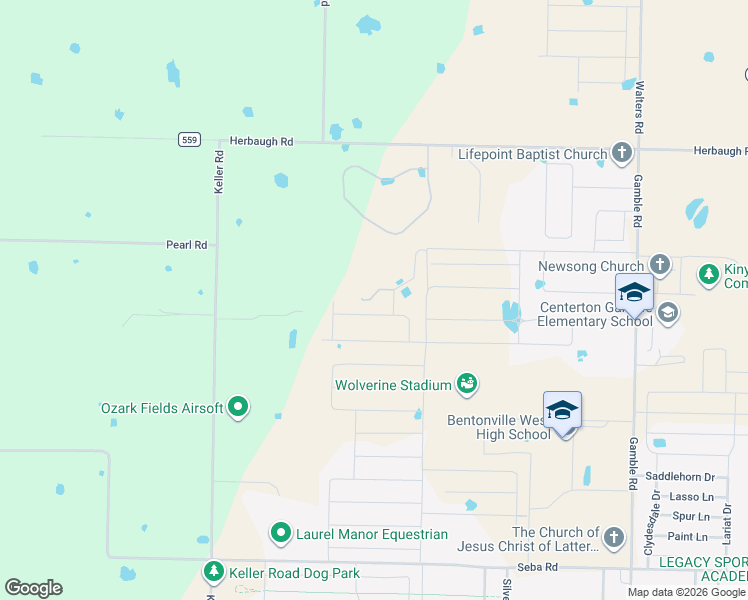 map of restaurants, bars, coffee shops, grocery stores, and more near 12599 Cutberth Lane in Centerton