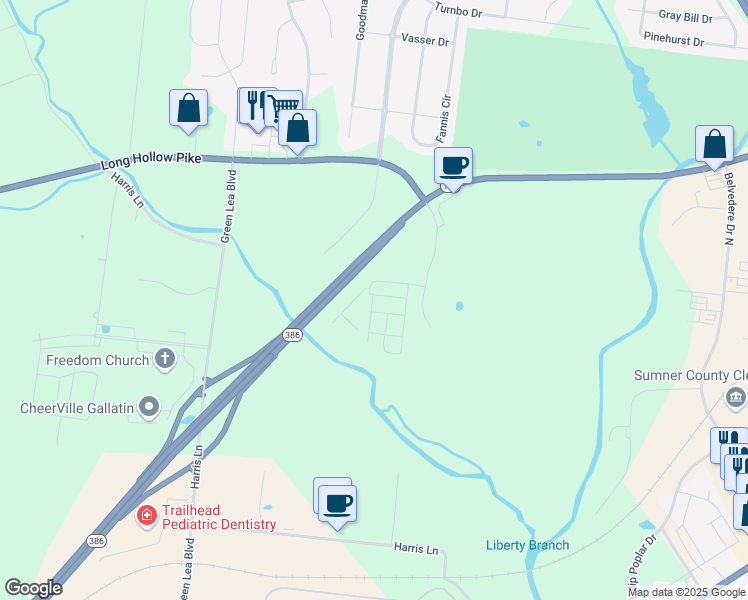 map of restaurants, bars, coffee shops, grocery stores, and more near 247 Mansfield Drive in Gallatin