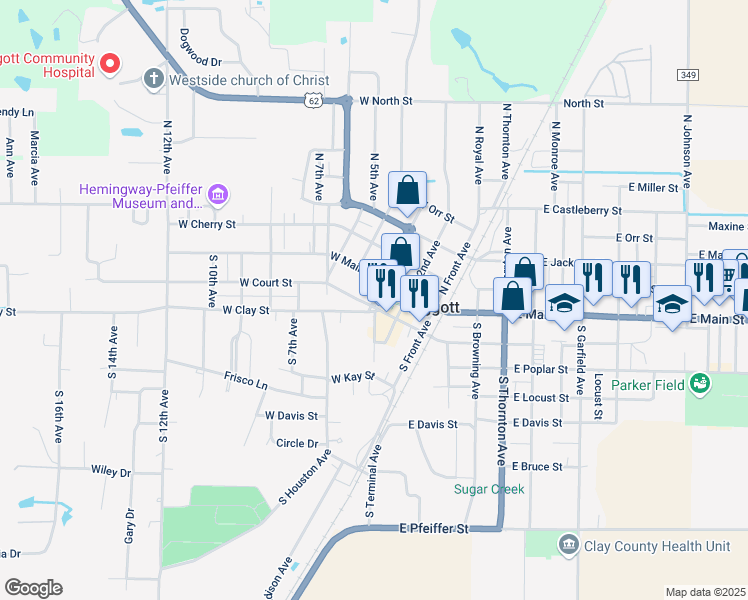 map of restaurants, bars, coffee shops, grocery stores, and more near 195 South 3rd Avenue in Piggott