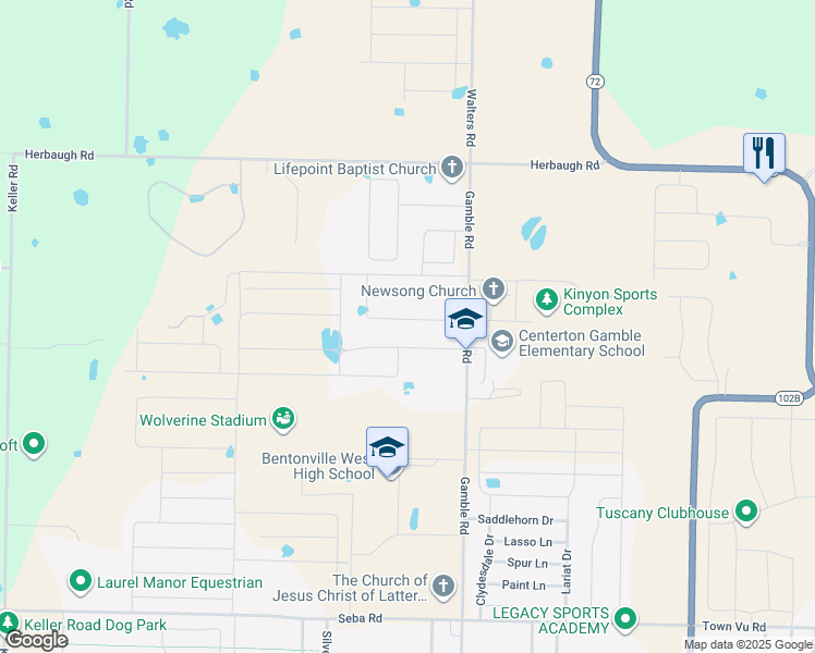 map of restaurants, bars, coffee shops, grocery stores, and more near 1011 West Ashmore Landing Loop in Centerton