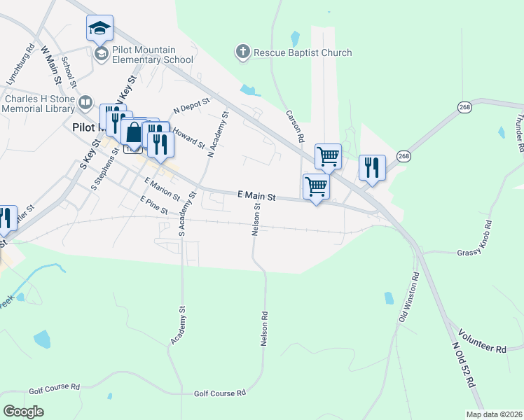 map of restaurants, bars, coffee shops, grocery stores, and more near 108 Nelson Street in Pilot Mountain