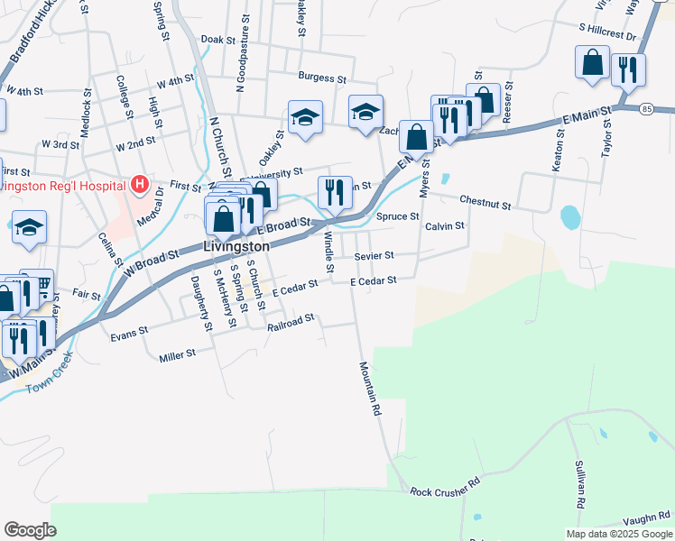 map of restaurants, bars, coffee shops, grocery stores, and more near 305 Windle Street in Livingston