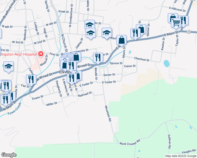 map of restaurants, bars, coffee shops, grocery stores, and more near 305 Windle Street in Livingston
