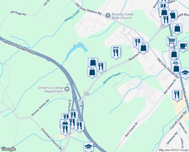 map of restaurants, bars, coffee shops, grocery stores, and more near 2849 Boones Creek Road in Johnson City