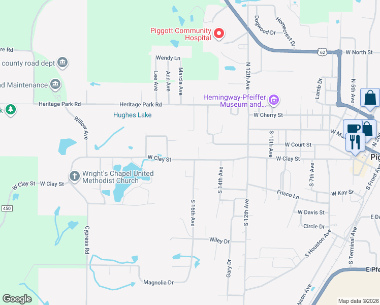 map of restaurants, bars, coffee shops, grocery stores, and more near 1621 West Clay Street in Piggott