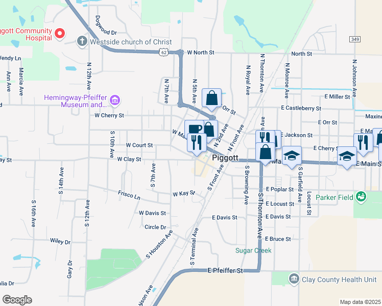 map of restaurants, bars, coffee shops, grocery stores, and more near 195 South 3rd Avenue in Piggott