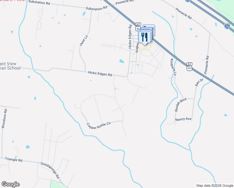 map of restaurants, bars, coffee shops, grocery stores, and more near 102 Emma Court in Pleasant View