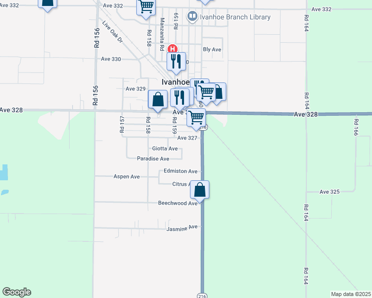map of restaurants, bars, coffee shops, grocery stores, and more near 32656 Eileen Rd in Ivanhoe