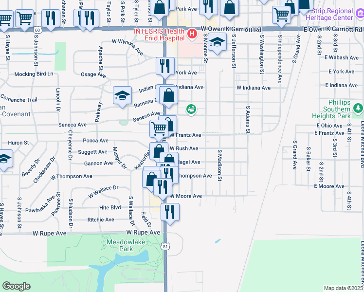 map of restaurants, bars, coffee shops, grocery stores, and more near 818 West Rush Avenue in Enid