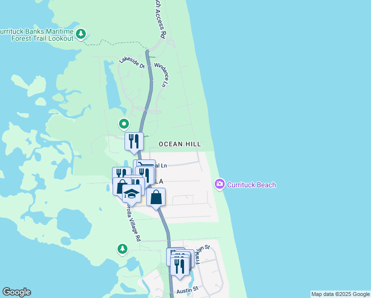 map of restaurants, bars, coffee shops, grocery stores, and more near 1204 Bismark Drive in Corolla