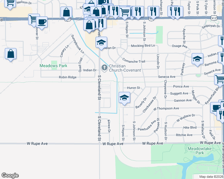 map of restaurants, bars, coffee shops, grocery stores, and more near 1421 Quannah Drive in Enid