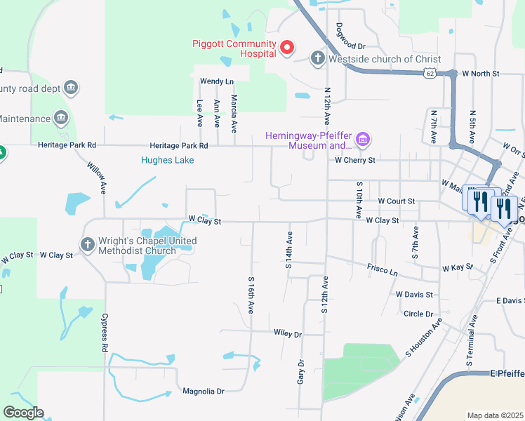 map of restaurants, bars, coffee shops, grocery stores, and more near 252 Melissa Drive in Piggott