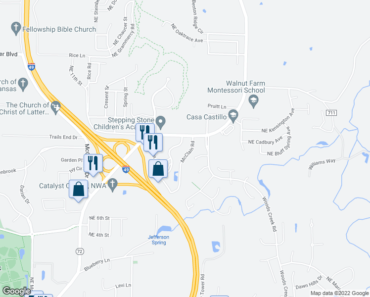 map of restaurants, bars, coffee shops, grocery stores, and more near 1006 Beau Terre Drive in Bentonville