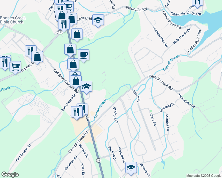map of restaurants, bars, coffee shops, grocery stores, and more near 111 Julie Lane in Johnson City