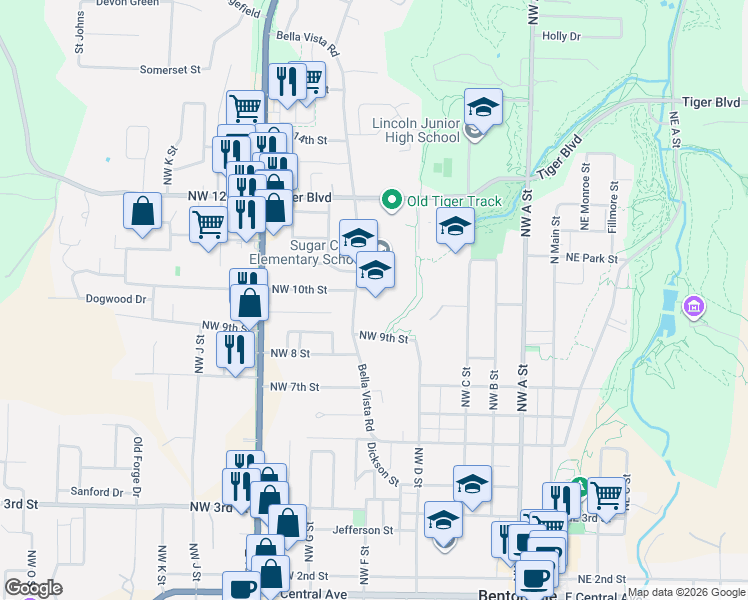map of restaurants, bars, coffee shops, grocery stores, and more near 810 Bella Vista Road in Bentonville