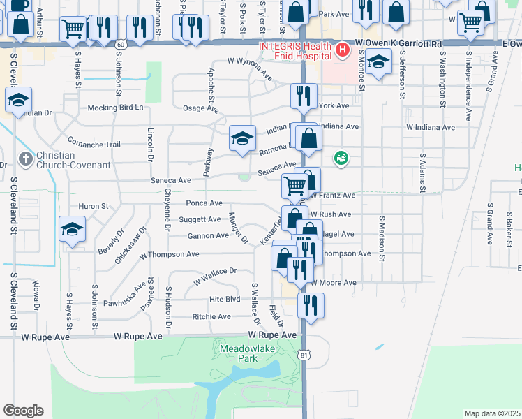 map of restaurants, bars, coffee shops, grocery stores, and more near 1117 Ponca Avenue in Enid