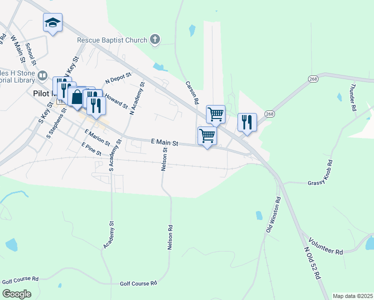map of restaurants, bars, coffee shops, grocery stores, and more near 522 E Main St in Pilot Mountain