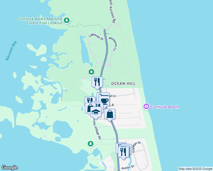 map of restaurants, bars, coffee shops, grocery stores, and more near 1220 Bismark Dr in Corolla