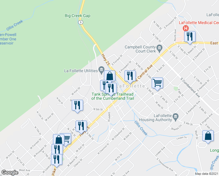 map of restaurants, bars, coffee shops, grocery stores, and more near 114 North 1st Street in LaFollette