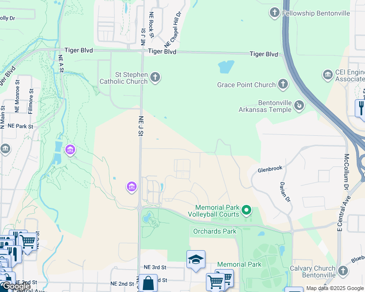 map of restaurants, bars, coffee shops, grocery stores, and more near 1303 Northeast 10th Street in Bentonville