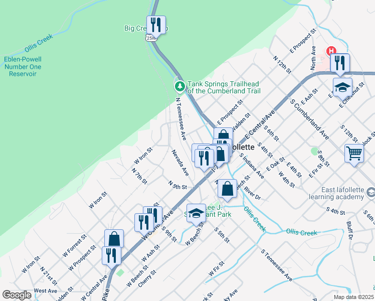 map of restaurants, bars, coffee shops, grocery stores, and more near 205 North Tennessee Avenue in LaFollette