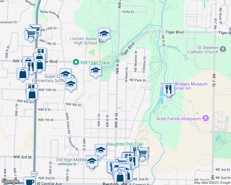 map of restaurants, bars, coffee shops, grocery stores, and more near 817 Northwest A Street in Bentonville