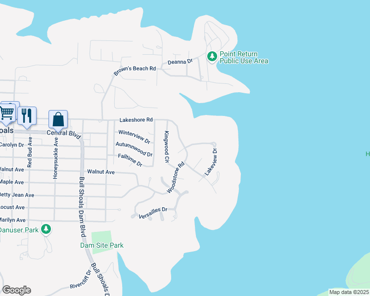 map of restaurants, bars, coffee shops, grocery stores, and more near 132 Woodstone Road in Bull Shoals