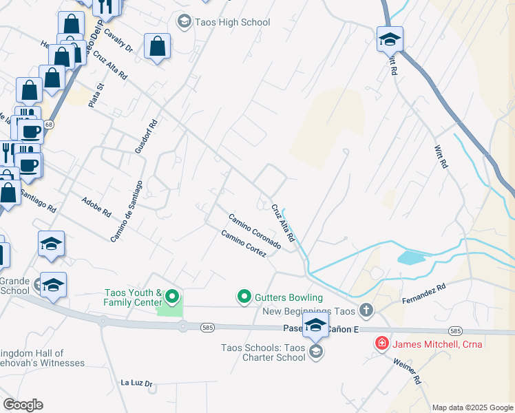 map of restaurants, bars, coffee shops, grocery stores, and more near 616-624 Cruz Alta Rd in Taos
