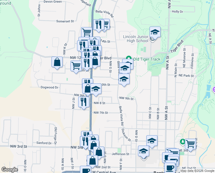 map of restaurants, bars, coffee shops, grocery stores, and more near 710 Northwest 10th Street in Bentonville