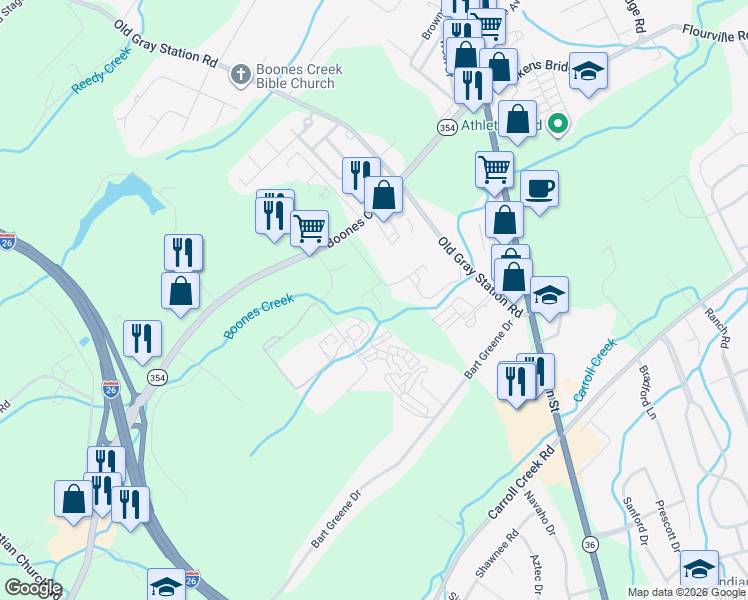 map of restaurants, bars, coffee shops, grocery stores, and more near 110 Klm Drive in Johnson City