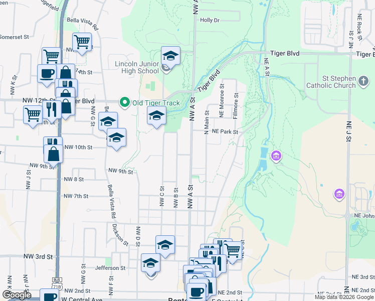 map of restaurants, bars, coffee shops, grocery stores, and more near 817 Northwest A Street in Bentonville
