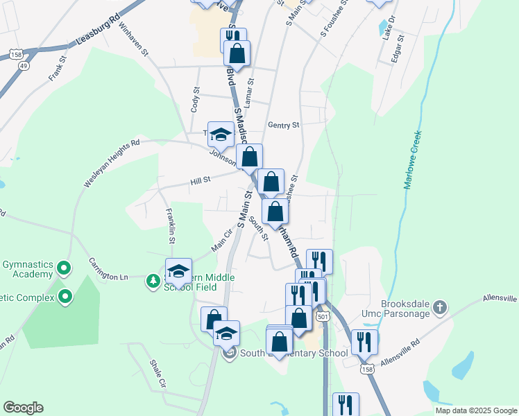 map of restaurants, bars, coffee shops, grocery stores, and more near 719 Durham Road in Roxboro