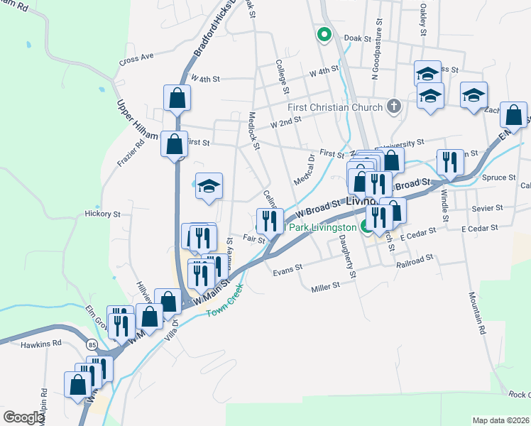 map of restaurants, bars, coffee shops, grocery stores, and more near Willow Place in Livingston