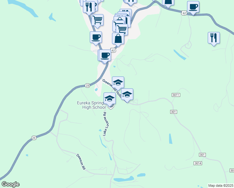 map of restaurants, bars, coffee shops, grocery stores, and more near 142 Greenwood Hollow Road in Eureka Springs
