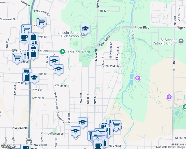 map of restaurants, bars, coffee shops, grocery stores, and more near 817 Northwest A Street in Bentonville
