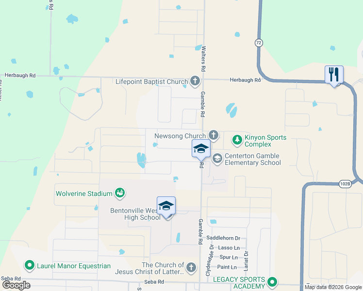 map of restaurants, bars, coffee shops, grocery stores, and more near 10911 Gamble Road in Centerton