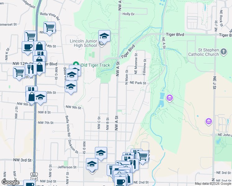 map of restaurants, bars, coffee shops, grocery stores, and more near 817 Northwest A Street in Bentonville