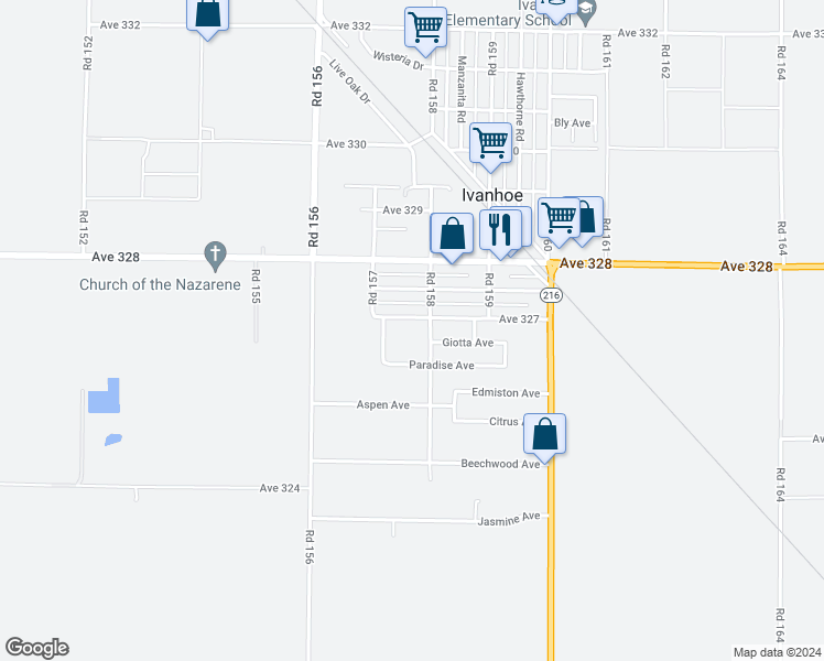 map of restaurants, bars, coffee shops, grocery stores, and more near 15753 Avenue 327 in Ivanhoe