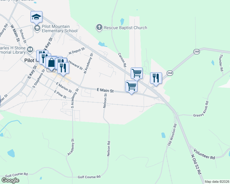 map of restaurants, bars, coffee shops, grocery stores, and more near 522 E Main St in Pilot Mountain